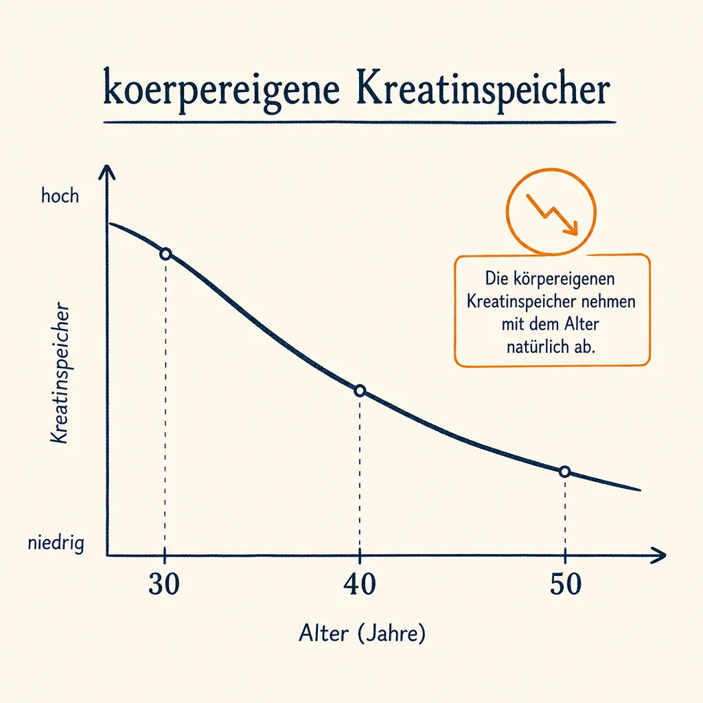 Infografik fallende koerpereigene Kreatinspeicher ueber das Alter 30 40 50