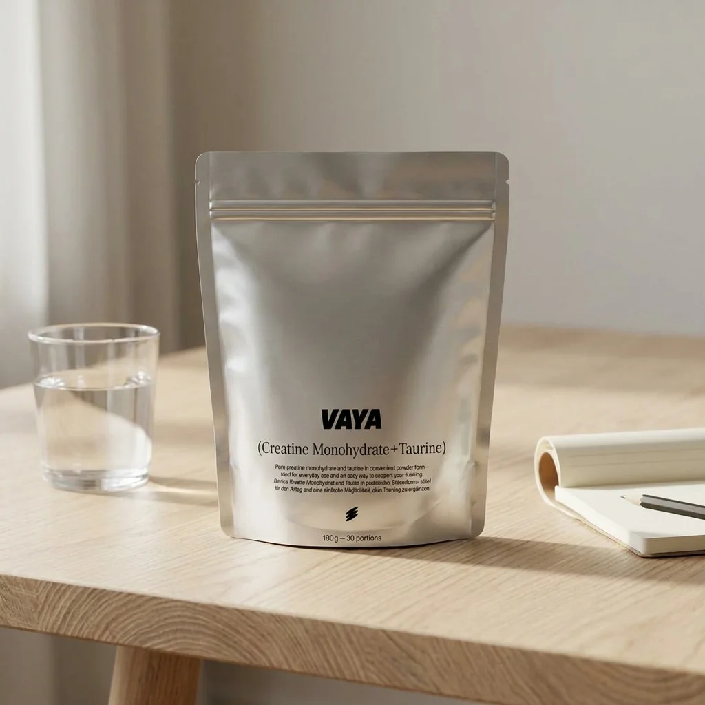 Echte Vaya Kreatin-Pouch auf hellem Holztisch neben Wasserglas, Produkt-Reveal