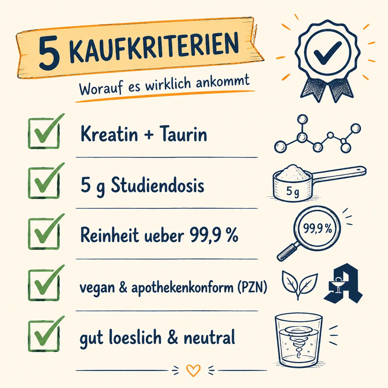 Checklisten-Infografik der fuenf Kaufkriterien fuer Kreatin fuer Frauen
