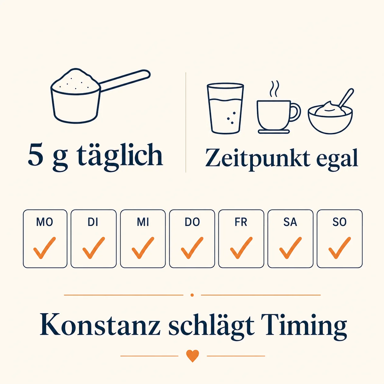 Dosierungs-Infografik: 5 g Kreatin täglich, Zeitpunkt egal, Konstanz schlägt Timing