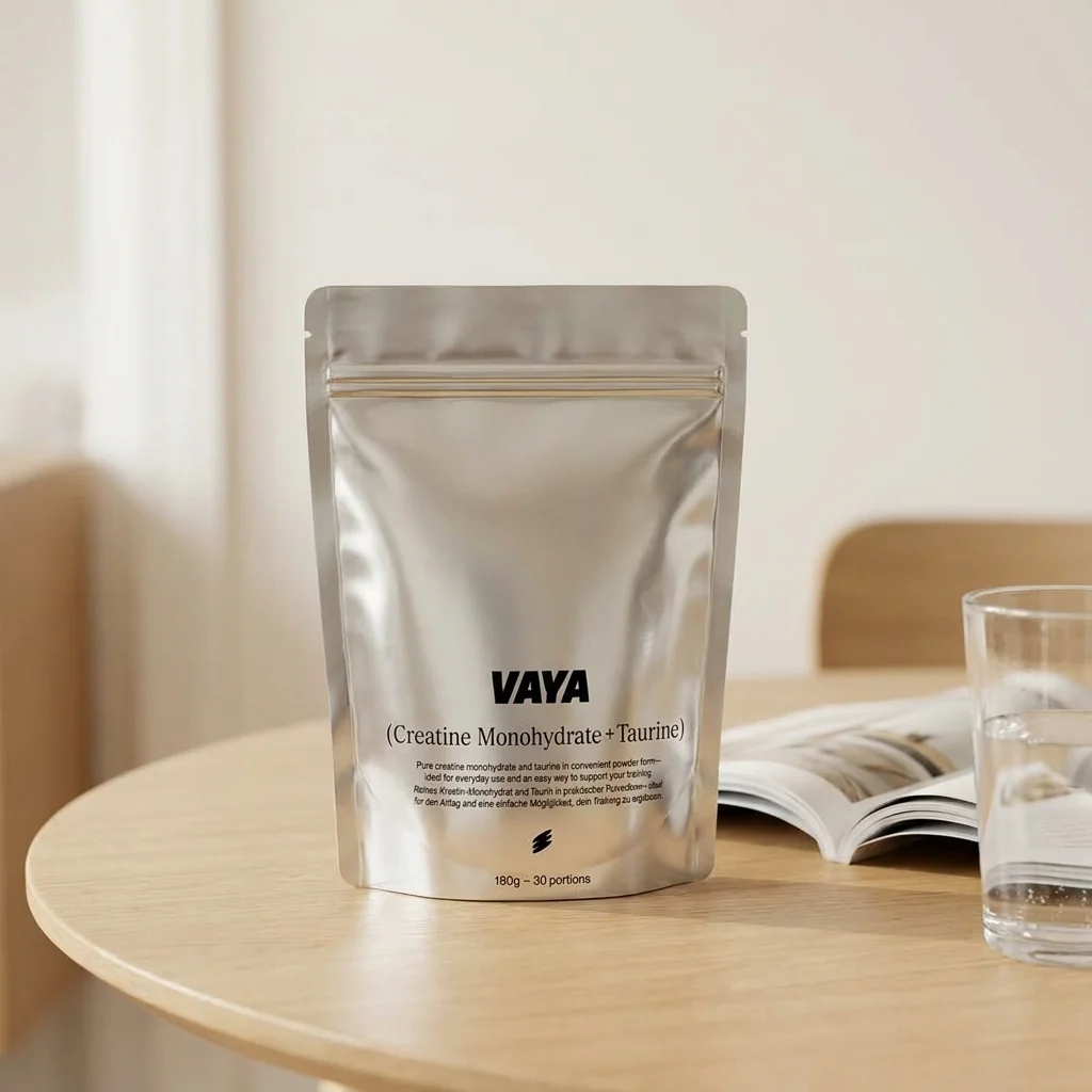 Vaya Kreatin Monohydrat plus Taurin Pouch auf hellem Holztisch neben einem Glas Wasser und einer Zeitschrift
